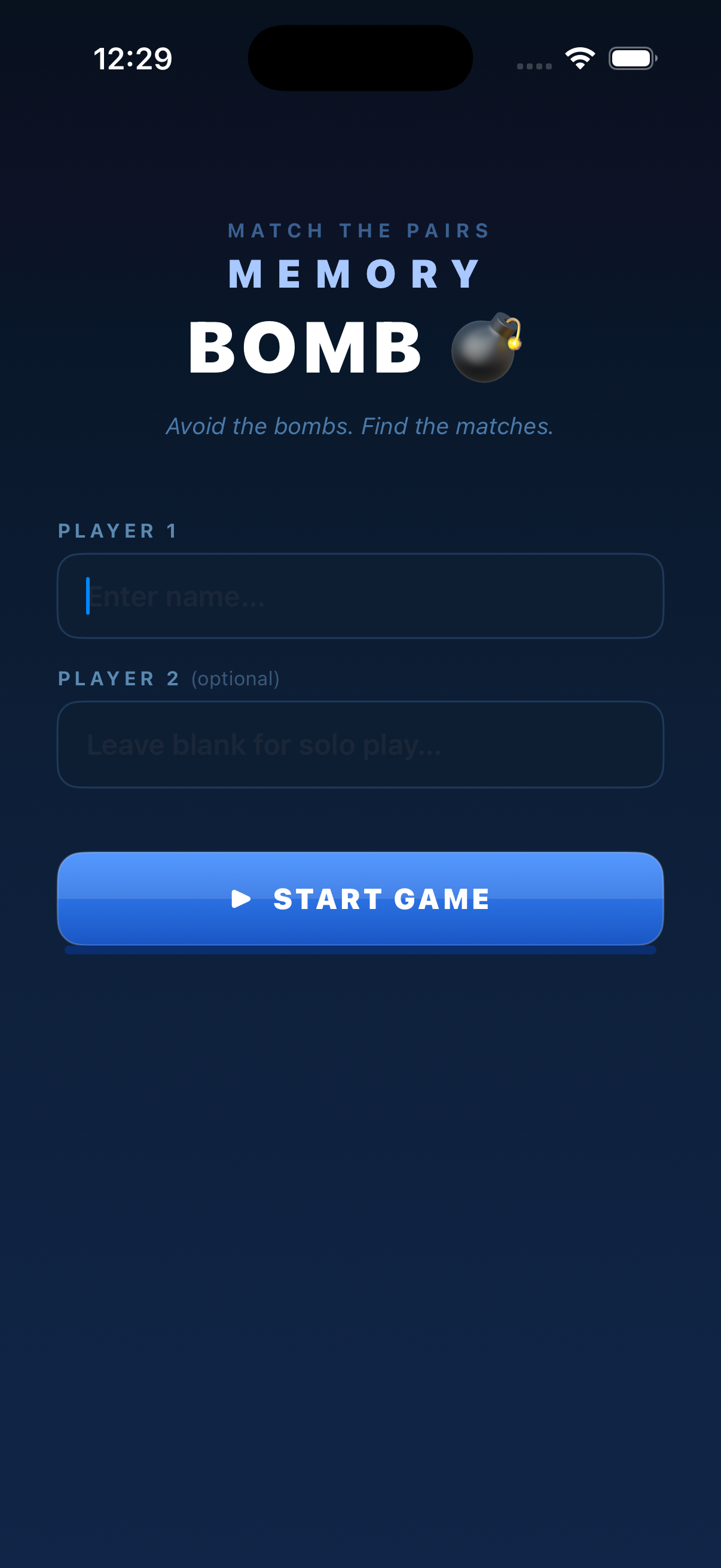 MemoryBomb start screen showing player name entry
